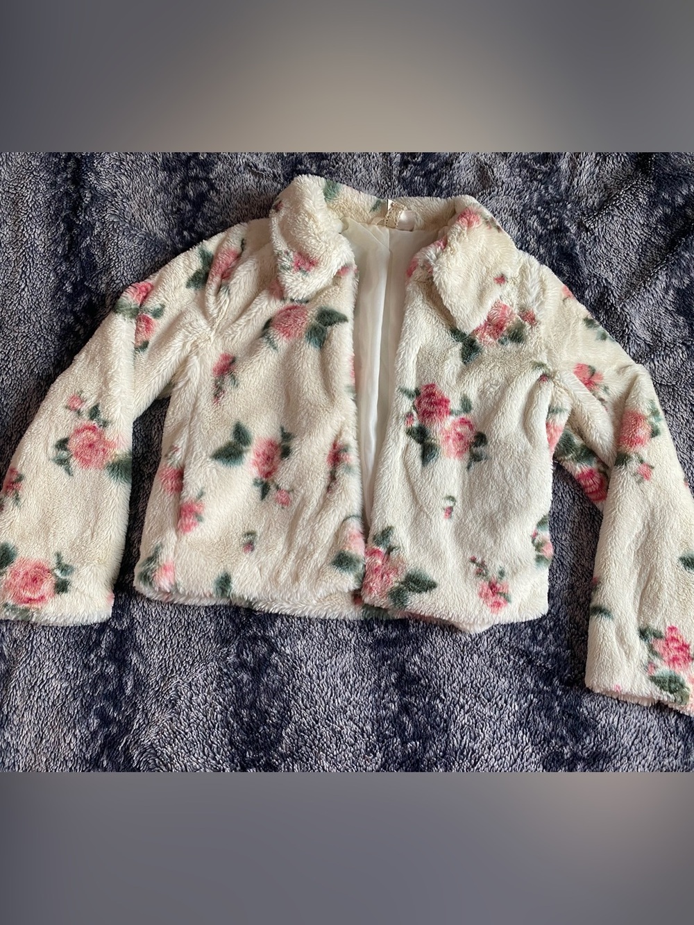 H&M Divided Women’s 2 XS Beige Floral Faux Fur Long Sleeve Collared Coat